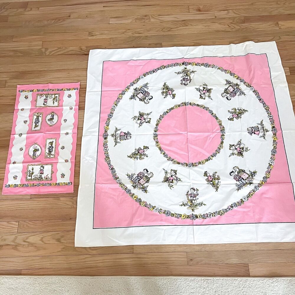 SET 2 Vintage Tablecloth Towel 1950s Kids Kitchen Retro Art Deco MCM Kitsch Pink